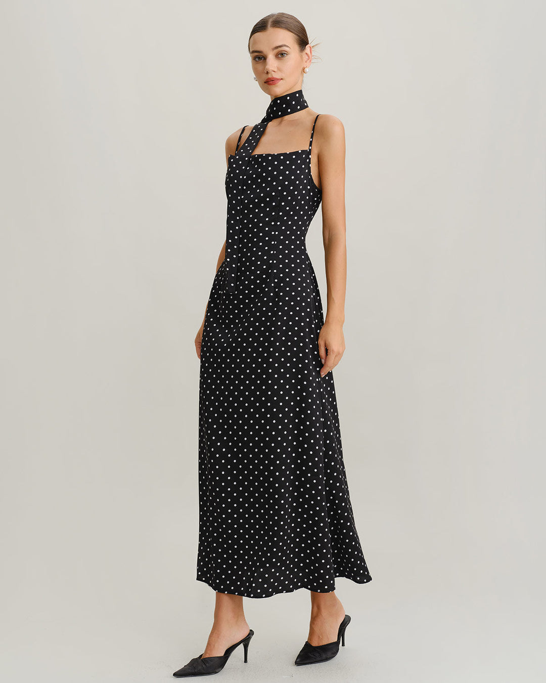 Morgan and Brooke | Black Polka Dot Cowl Neck Maxi Dress