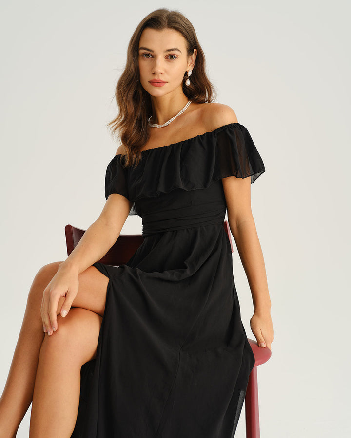 Morgan and Brooke | Off The Shoulder A-Line Maxi Dress in Black