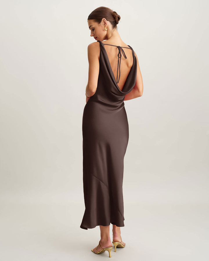 Morgan and Brooke | Satin Cowl Neck Maxi Dress for Women in Coffee