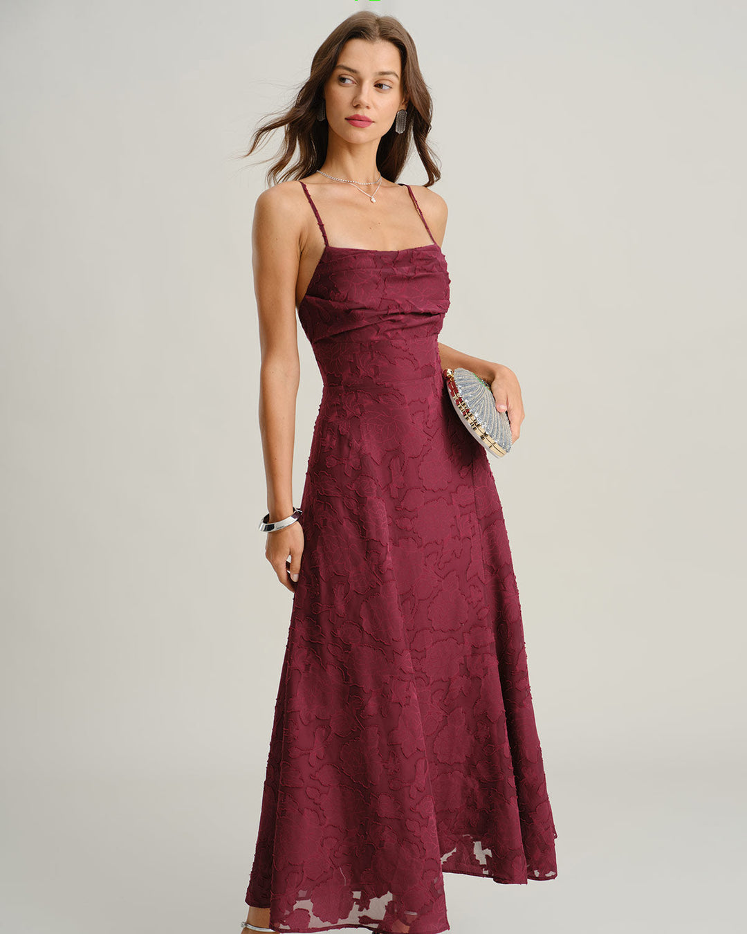Morgan and Brooke | Jacquard Slip Maxi Dress for Women in Wine Red