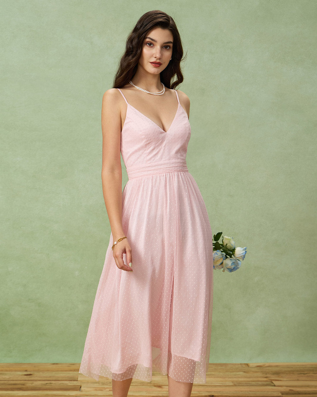 Morgan and Brooke | V Neck Backless Slip Midi Dress for Women in Pink