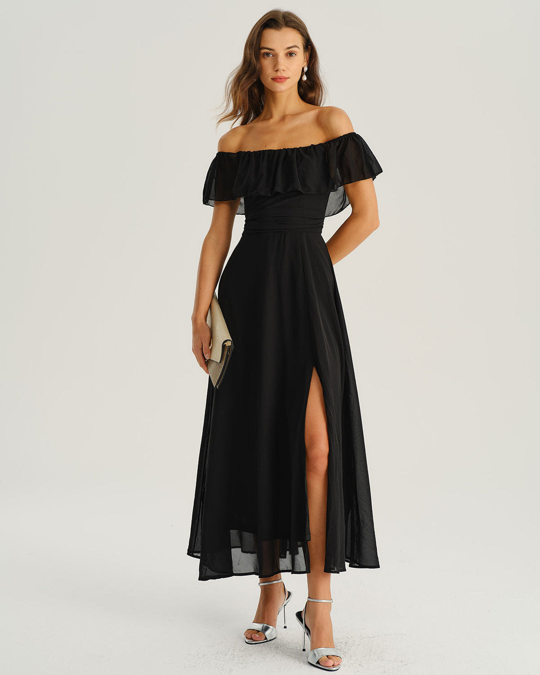 Morgan and Brooke | Off The Shoulder A-Line Maxi Dress in Black