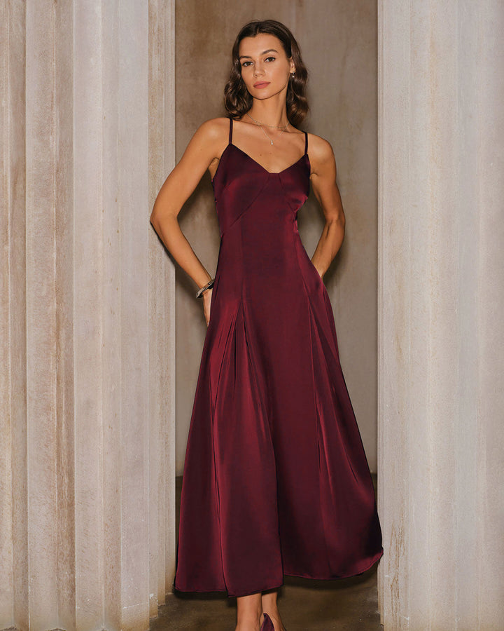 Morgan and Brooke | Satin A-Line Maxi Dress for Women in Wine Red