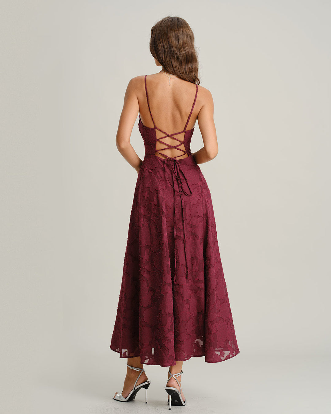 Morgan and Brooke | Jacquard Slip Maxi Dress for Women in Wine Red