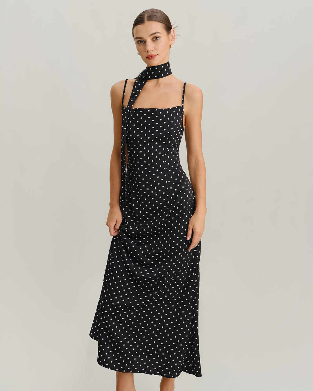 Morgan and Brooke | Black Polka Dot Cowl Neck Maxi Dress