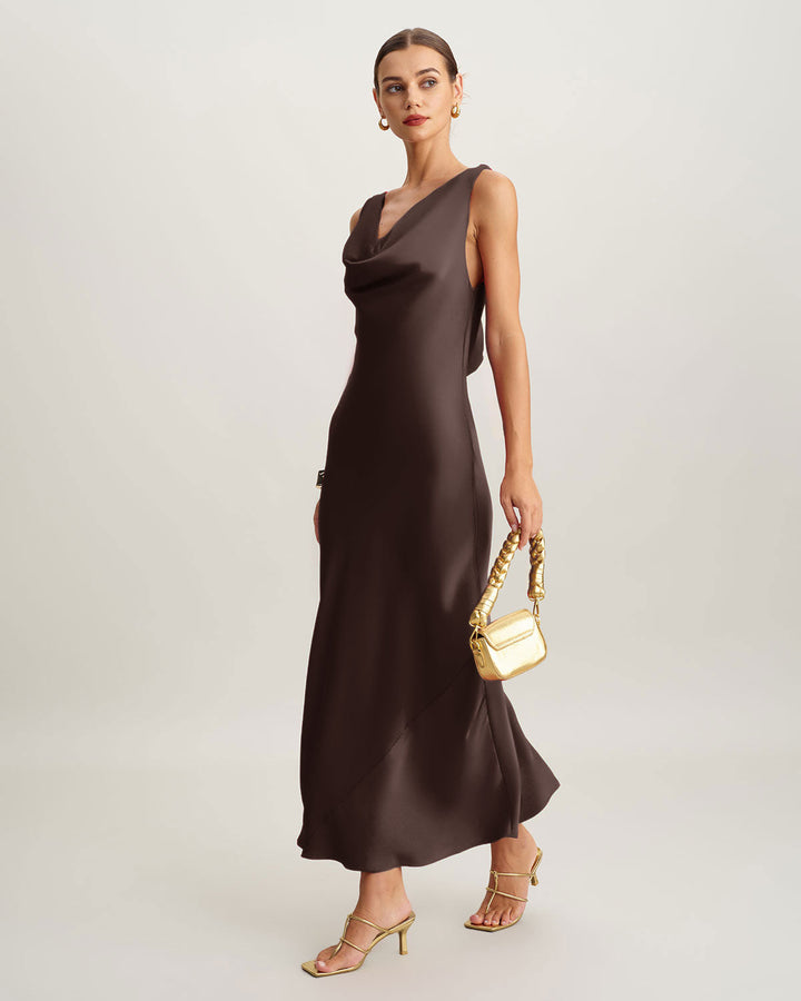 Morgan and Brooke | Satin Cowl Neck Maxi Dress for Women in Coffee