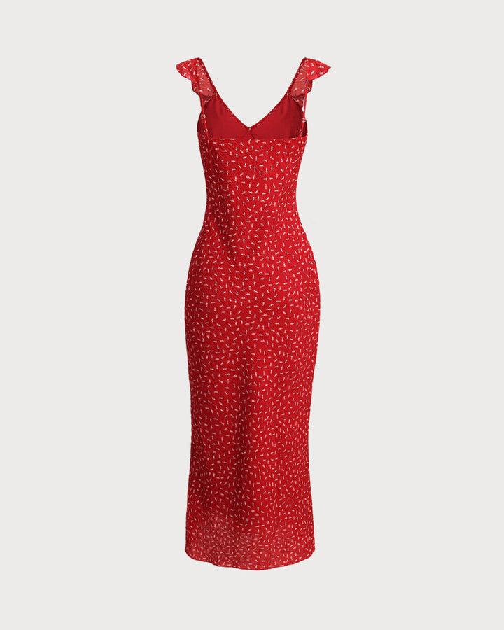 Morgan and Brooke | Floral V Neck Ruffle Maxi Dress for Women in Red
