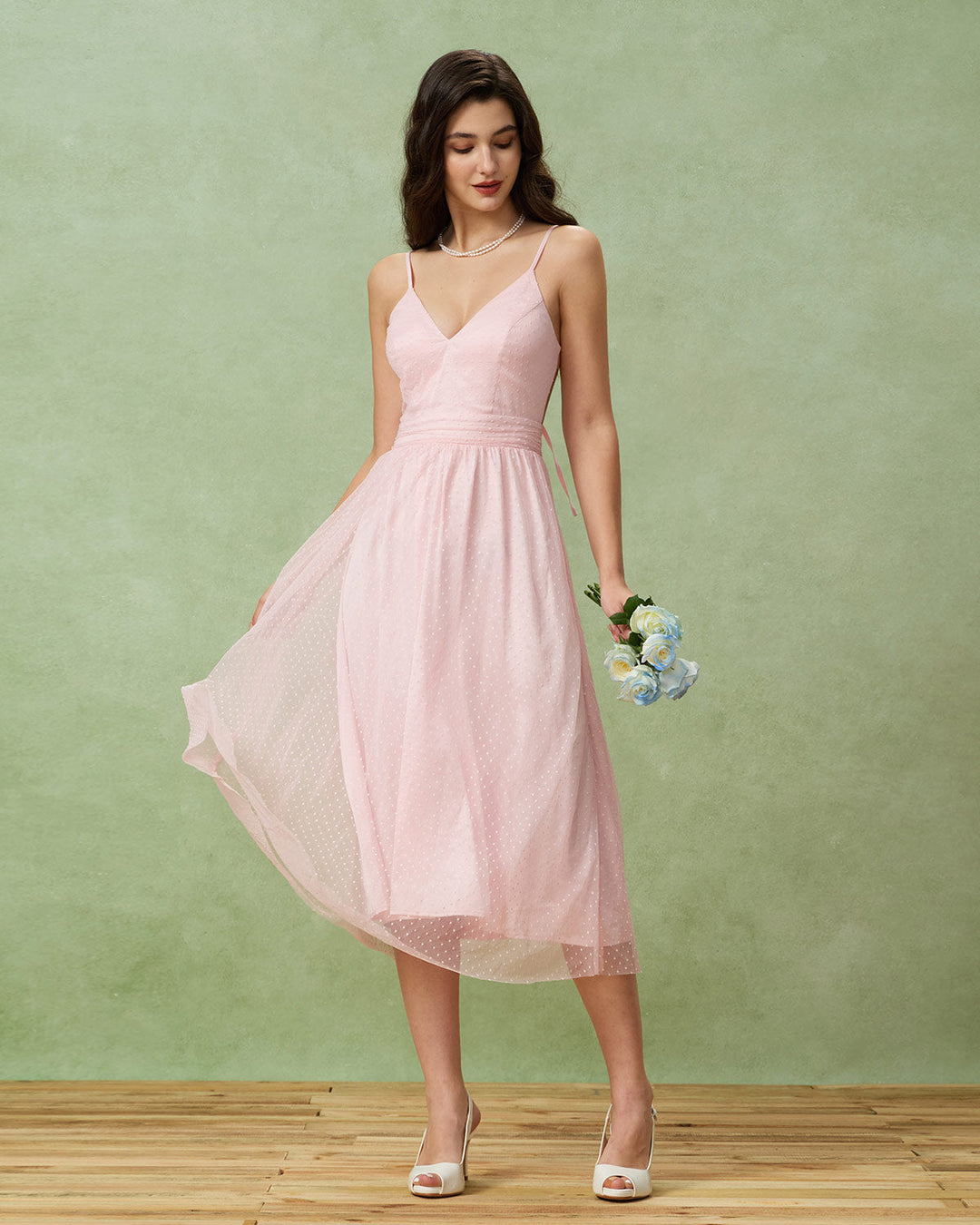 Morgan and Brooke | V Neck Backless Slip Midi Dress for Women in Pink