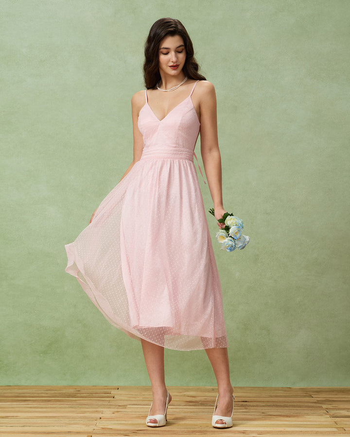 Morgan and Brooke | V Neck Backless Slip Midi Dress for Women in Pink