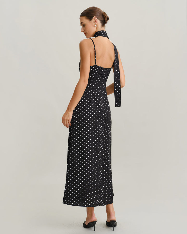 Morgan and Brooke | Black Polka Dot Cowl Neck Maxi Dress