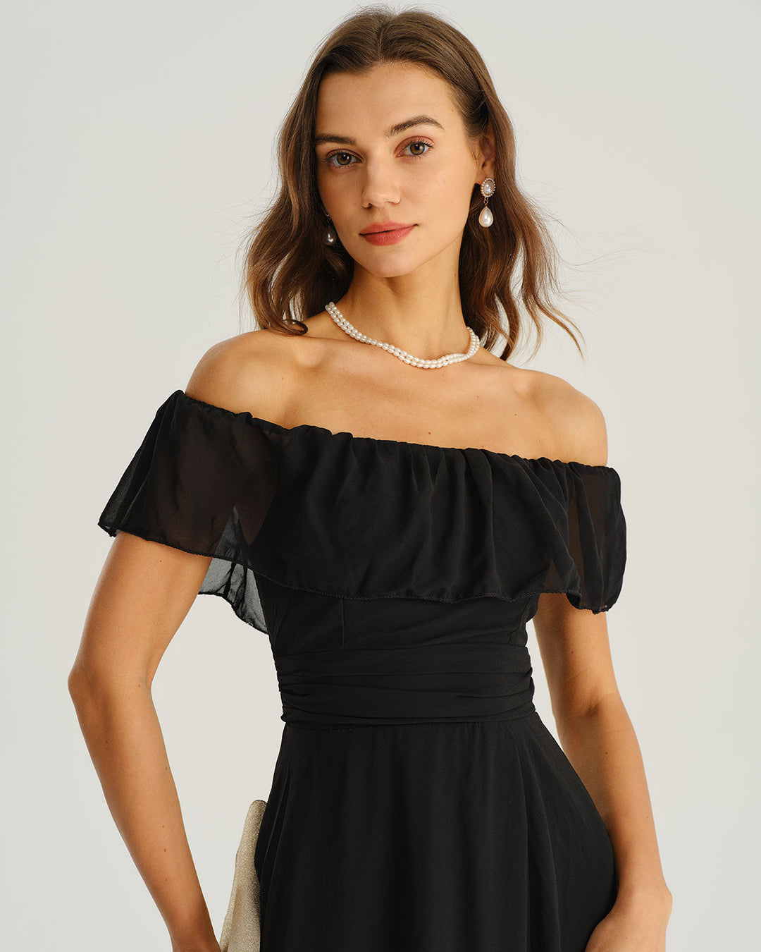 Morgan and Brooke | Off The Shoulder A-Line Maxi Dress in Black