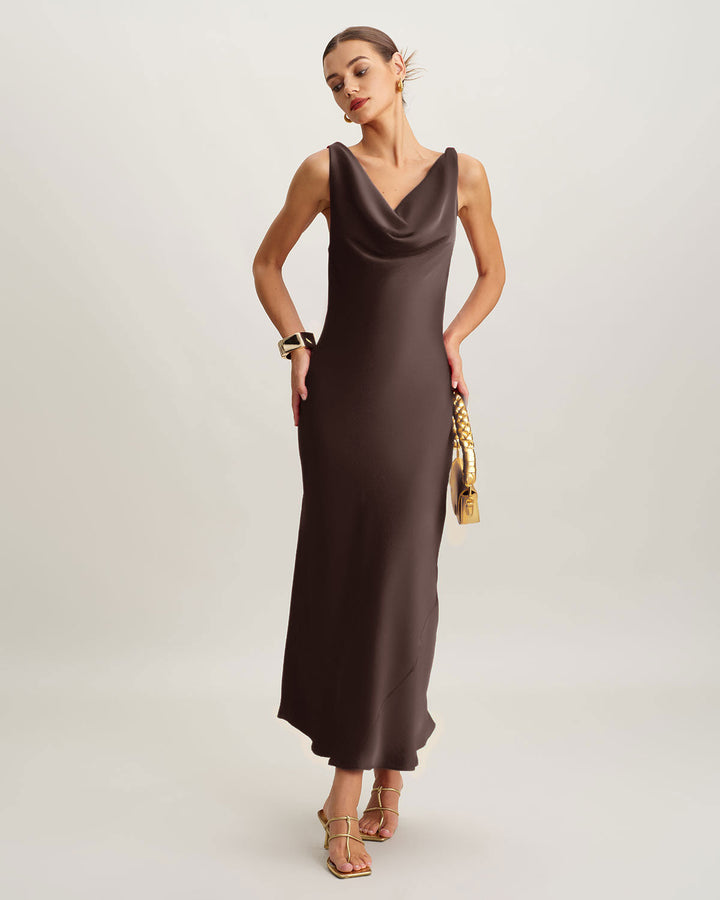 Morgan and Brooke | Satin Cowl Neck Maxi Dress for Women in Coffee