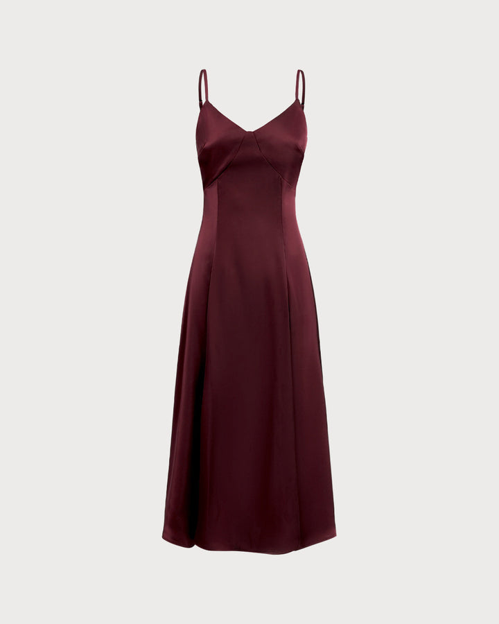 Morgan and Brooke | Satin A-Line Maxi Dress for Women in Wine Red