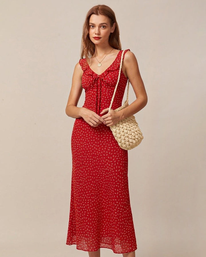 Morgan and Brooke | Floral V Neck Ruffle Maxi Dress for Women in Red