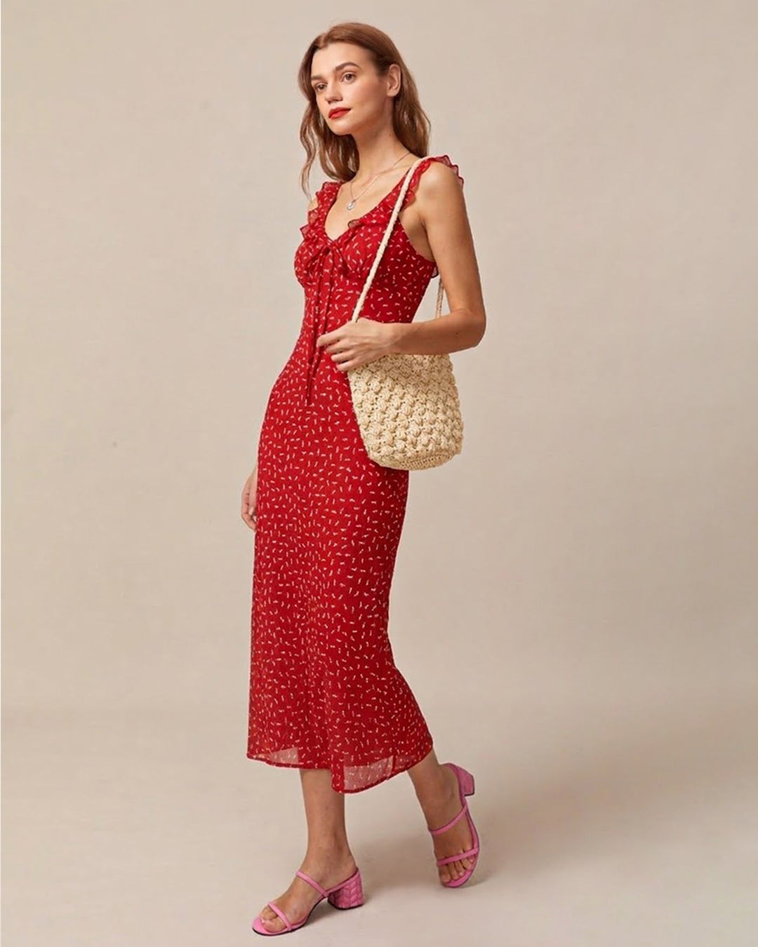 Morgan and Brooke | Floral V Neck Ruffle Maxi Dress for Women in Red
