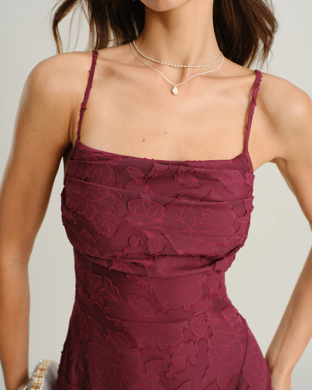 Morgan and Brooke | Jacquard Slip Maxi Dress for Women in Wine Red
