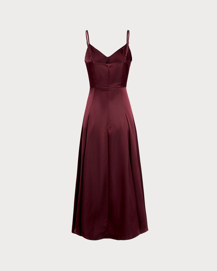 Morgan and Brooke | Satin A-Line Maxi Dress for Women in Wine Red