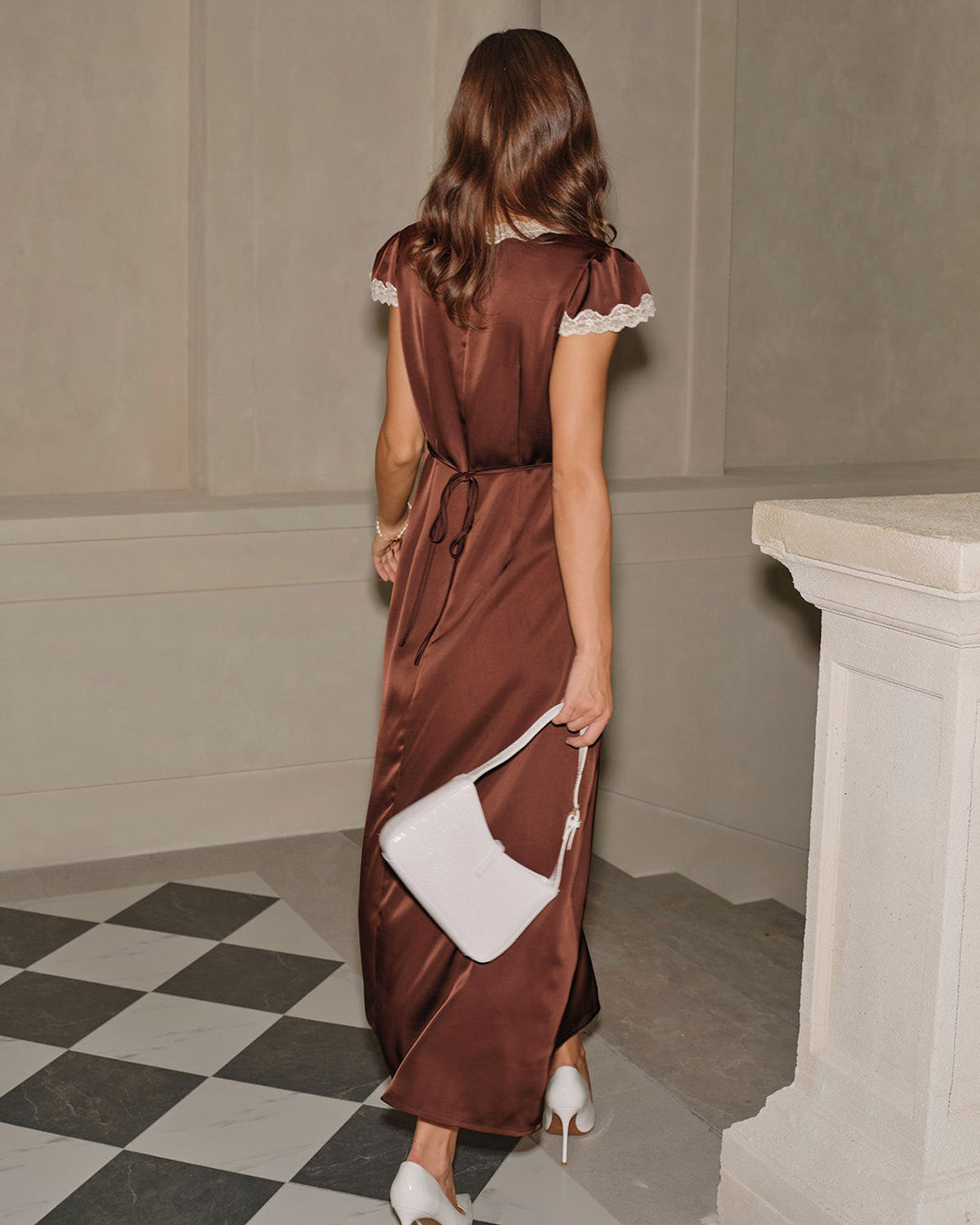 Morgan and Brooke | Satin V Neck Lace Maxi Dress for Women in Brown