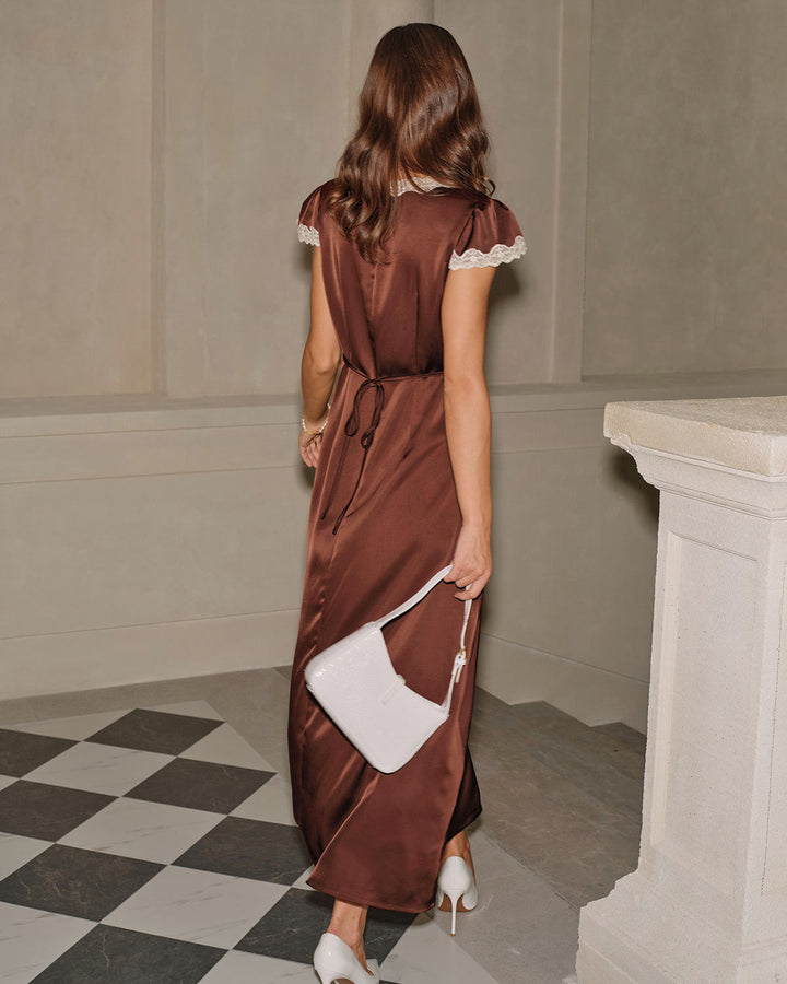 Morgan and Brooke | Satin V Neck Lace Maxi Dress for Women in Brown