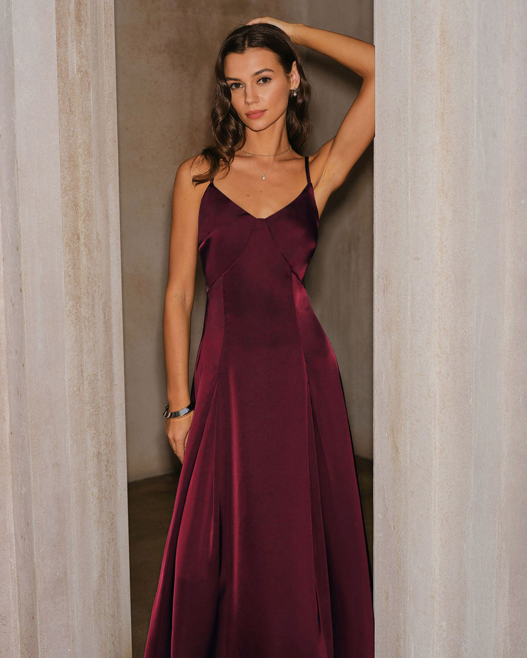 Morgan and Brooke | Satin A-Line Maxi Dress for Women in Wine Red
