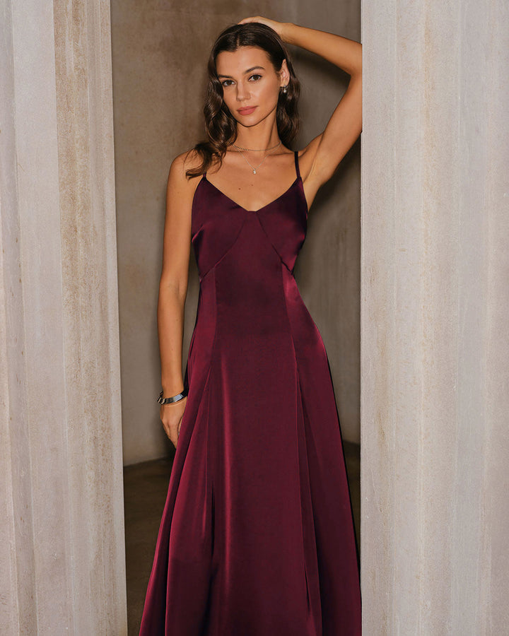 Morgan and Brooke | Satin A-Line Maxi Dress for Women in Wine Red