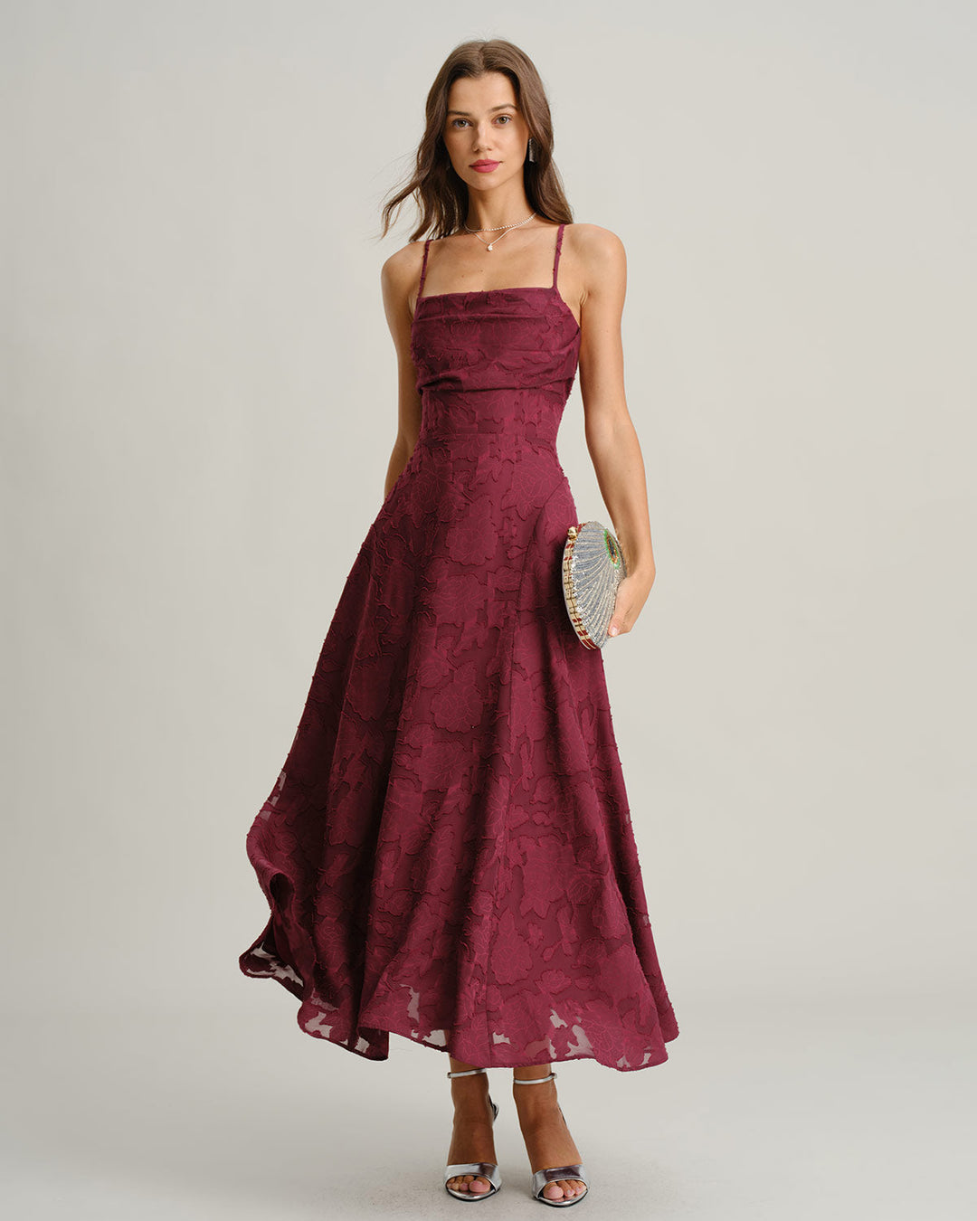 Morgan and Brooke | Jacquard Slip Maxi Dress for Women in Wine Red