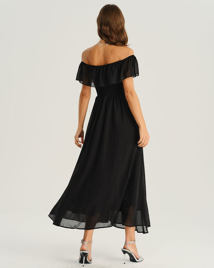 Morgan and Brooke | Off The Shoulder A-Line Maxi Dress in Black
