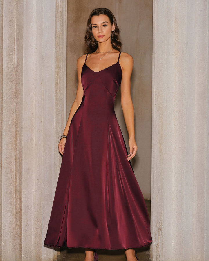 Morgan and Brooke | Satin A-Line Maxi Dress for Women in Wine Red