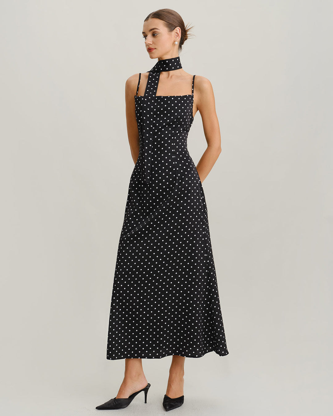 Morgan and Brooke | Black Polka Dot Cowl Neck Maxi Dress