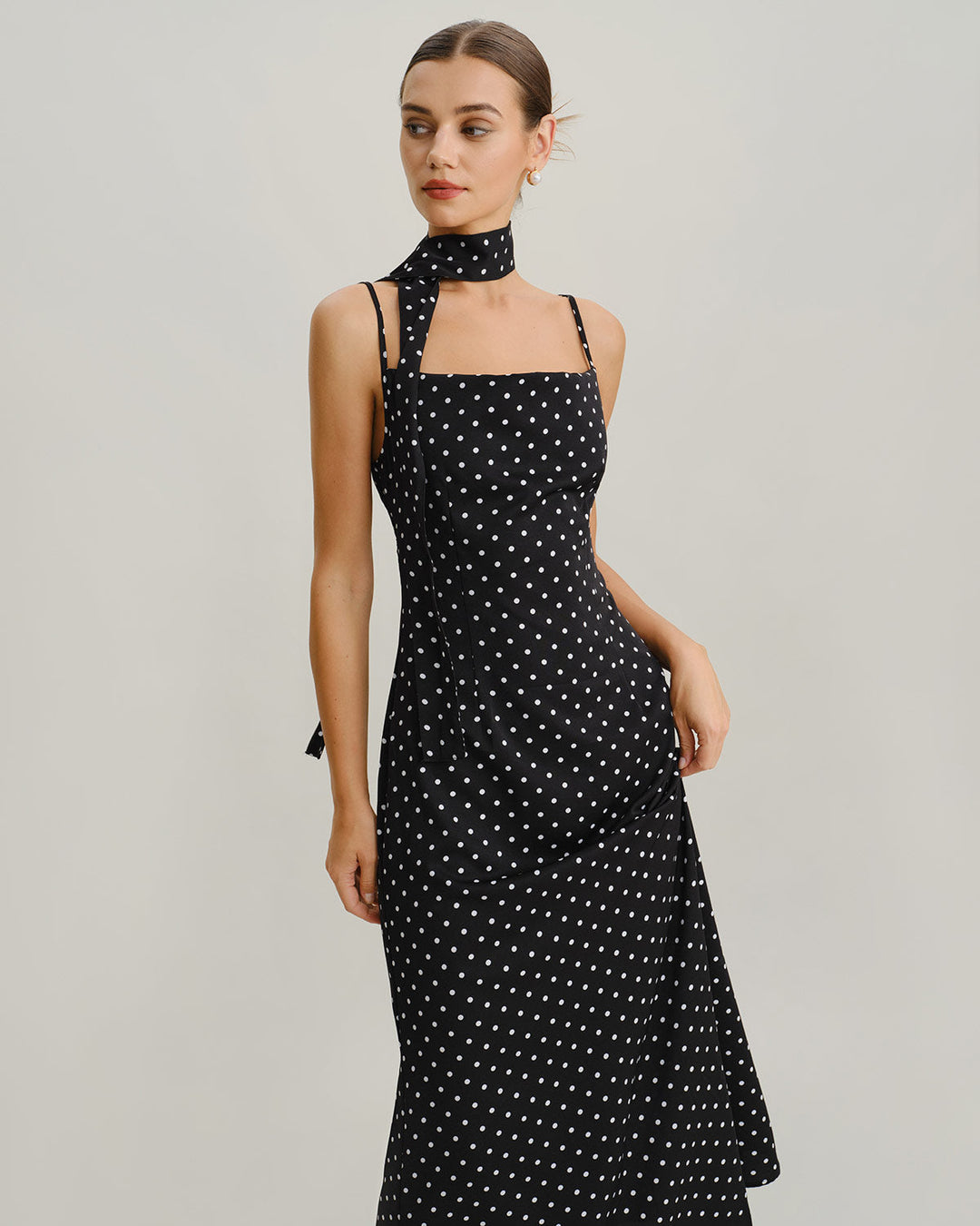 Morgan and Brooke | Black Polka Dot Cowl Neck Maxi Dress