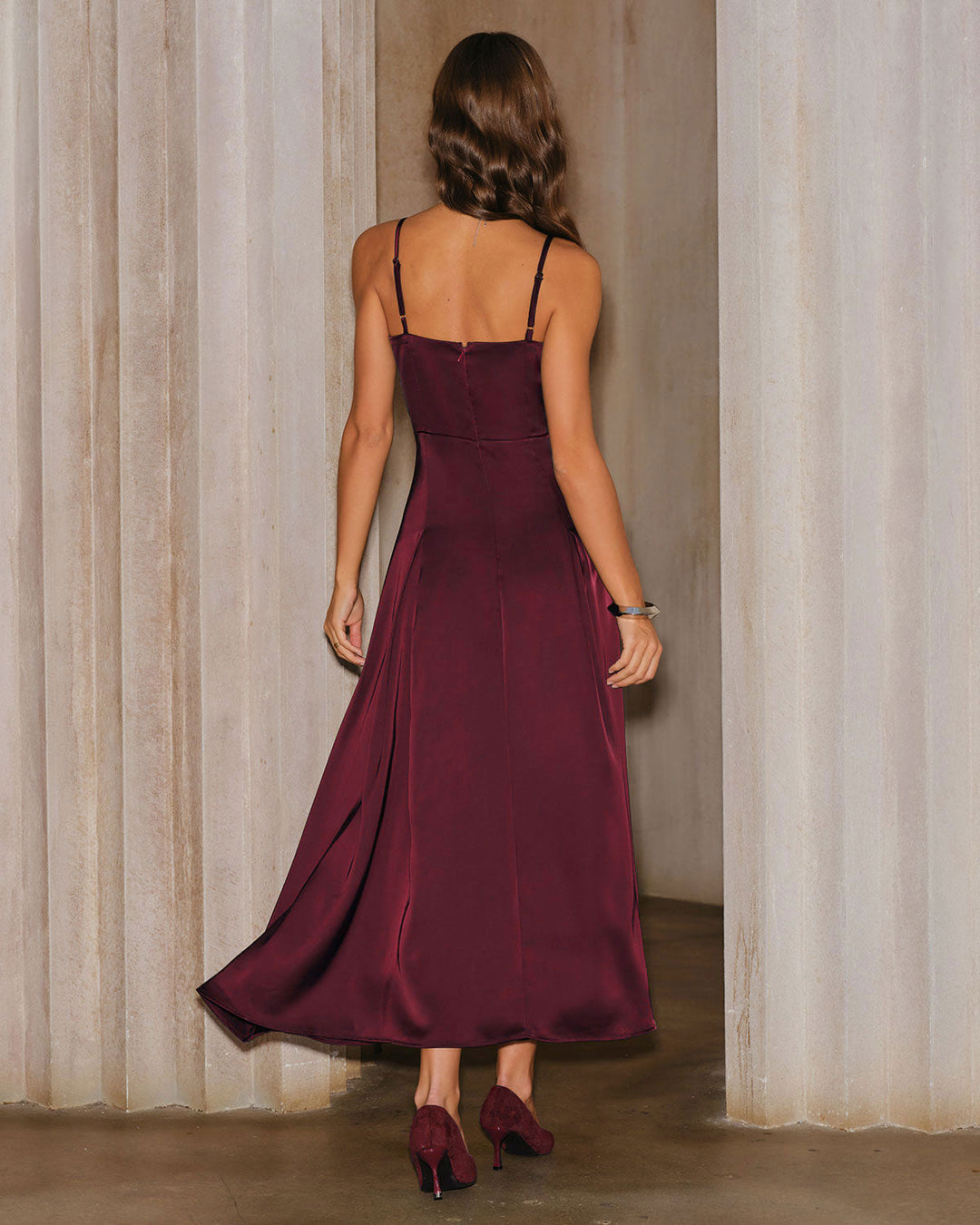 Morgan and Brooke | Satin A-Line Maxi Dress for Women in Wine Red