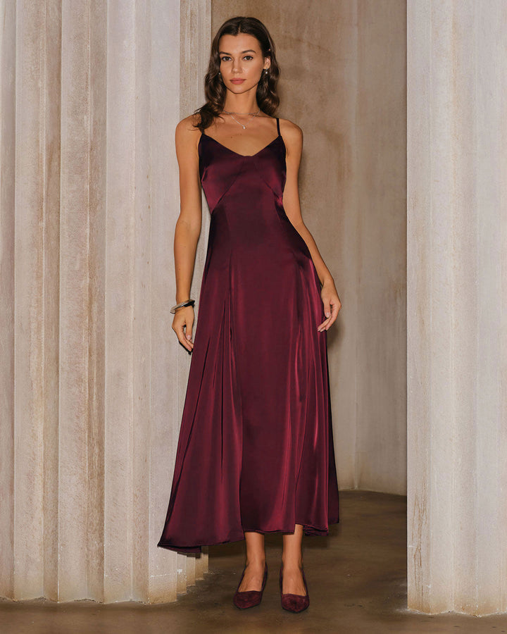 Morgan and Brooke | Satin A-Line Maxi Dress for Women in Wine Red