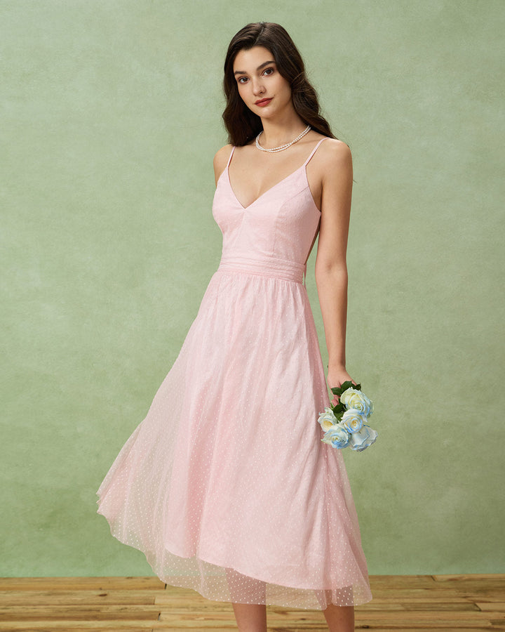 Morgan and Brooke | V Neck Backless Slip Midi Dress for Women in Pink