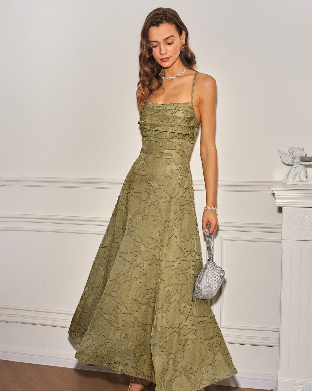 Morgan and Brooke | Sage Green Cross Jacquard Slip Maxi Dress