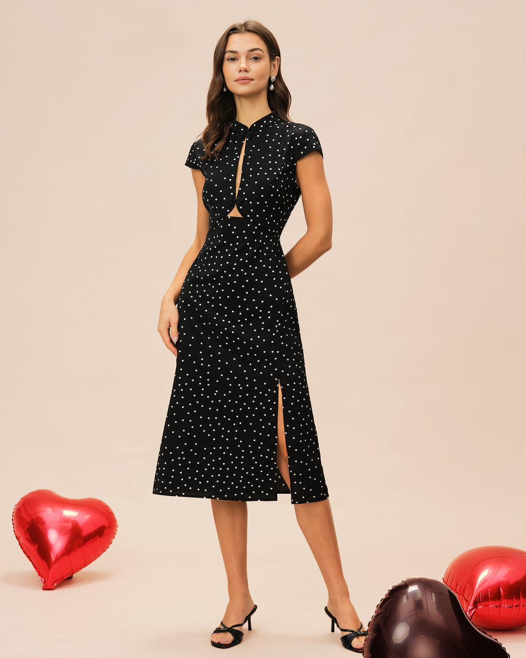 Morgan and Brooke | Black Polka Dot Midi Dress with Mandarin Collar
