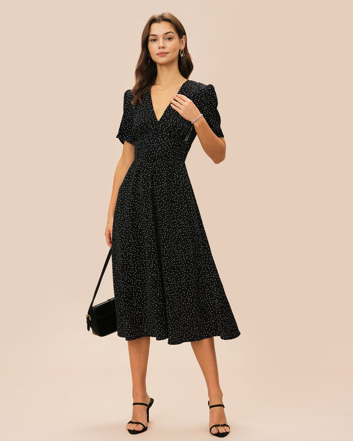 Morgan and Brooke | V Neck Polka Dot Midi Dress for Women in Black