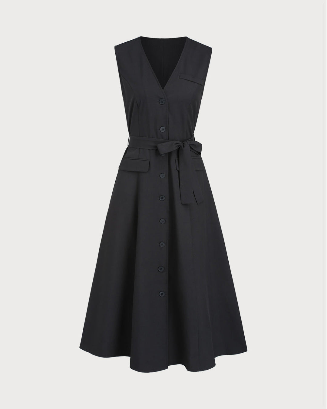 Morgan and Brooke | Black V Neck Belted Sleeveless Midi Dress