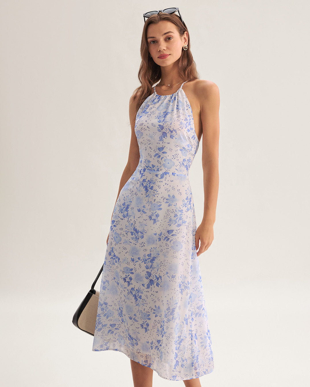Morgan and Brooke | Floral Halter Midi Dress in Blue