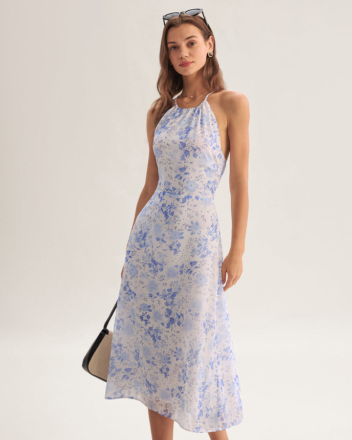 Morgan and Brooke | Floral Halter Midi Dress in Blue