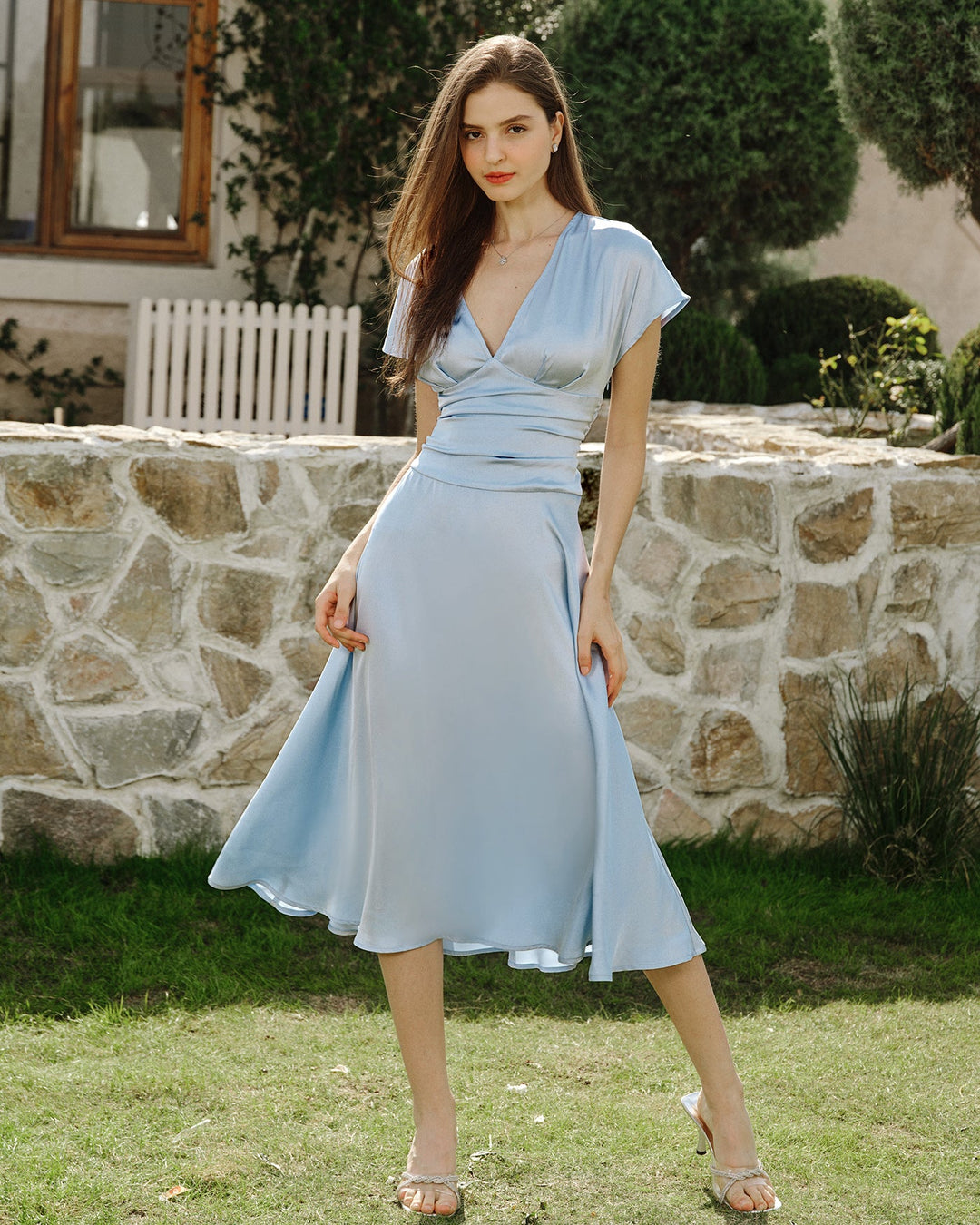 Morgan and Brooke | Drop Shoulder Pleated Midi Dress, Blue