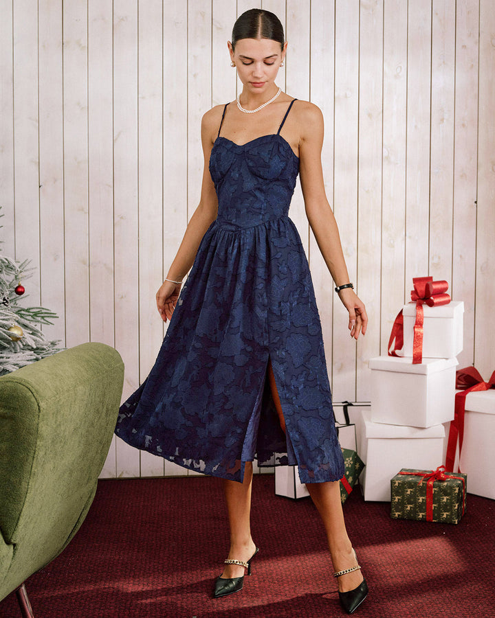 Morgan and Brooke | Jacquard A-Line Slip Midi Dress in Blue