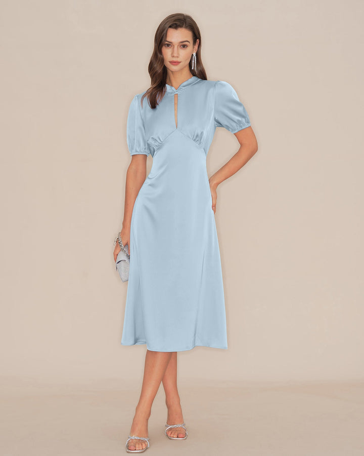 Morgan and Brooke | Satin Backless Midi Dress for Women in Blue with Puffed Sleeves