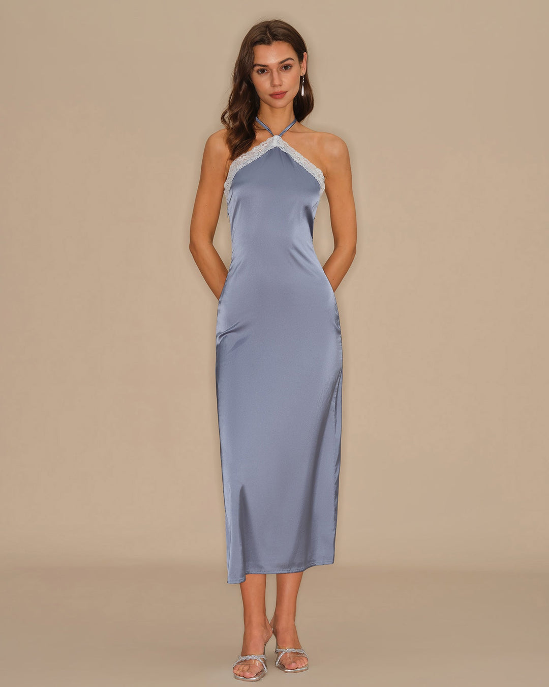 Morgan and Brooke | Halter Slip Midi Dress for Women in Blue