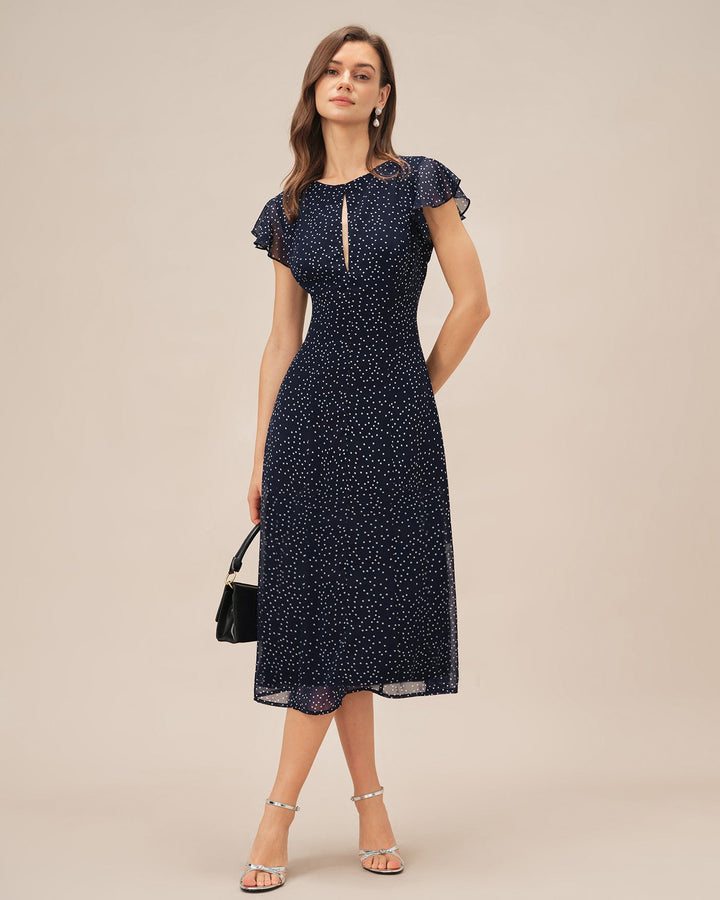 Morgan and Brooke | Polka Dot Midi Dress for Women in Blue