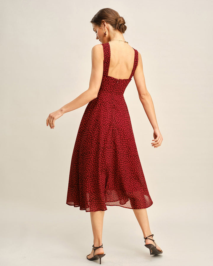 Morgan and Brooke | Floral Midi Dress for Women in Red with Sweetheart Neck