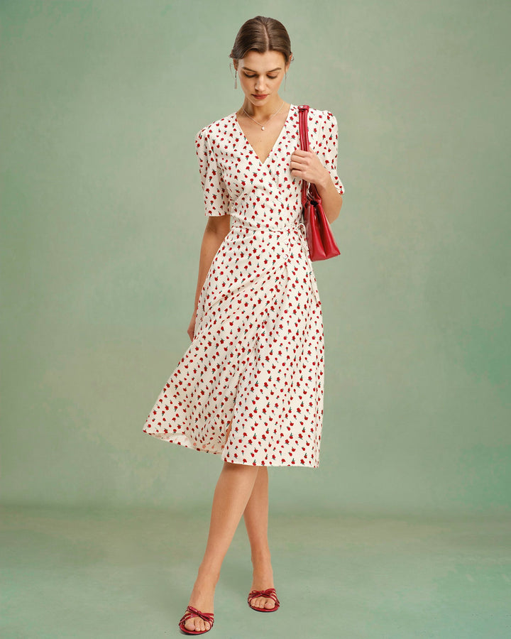 Morgan and Brooke | Floral V Neck Midi Dress for Women in Apricot