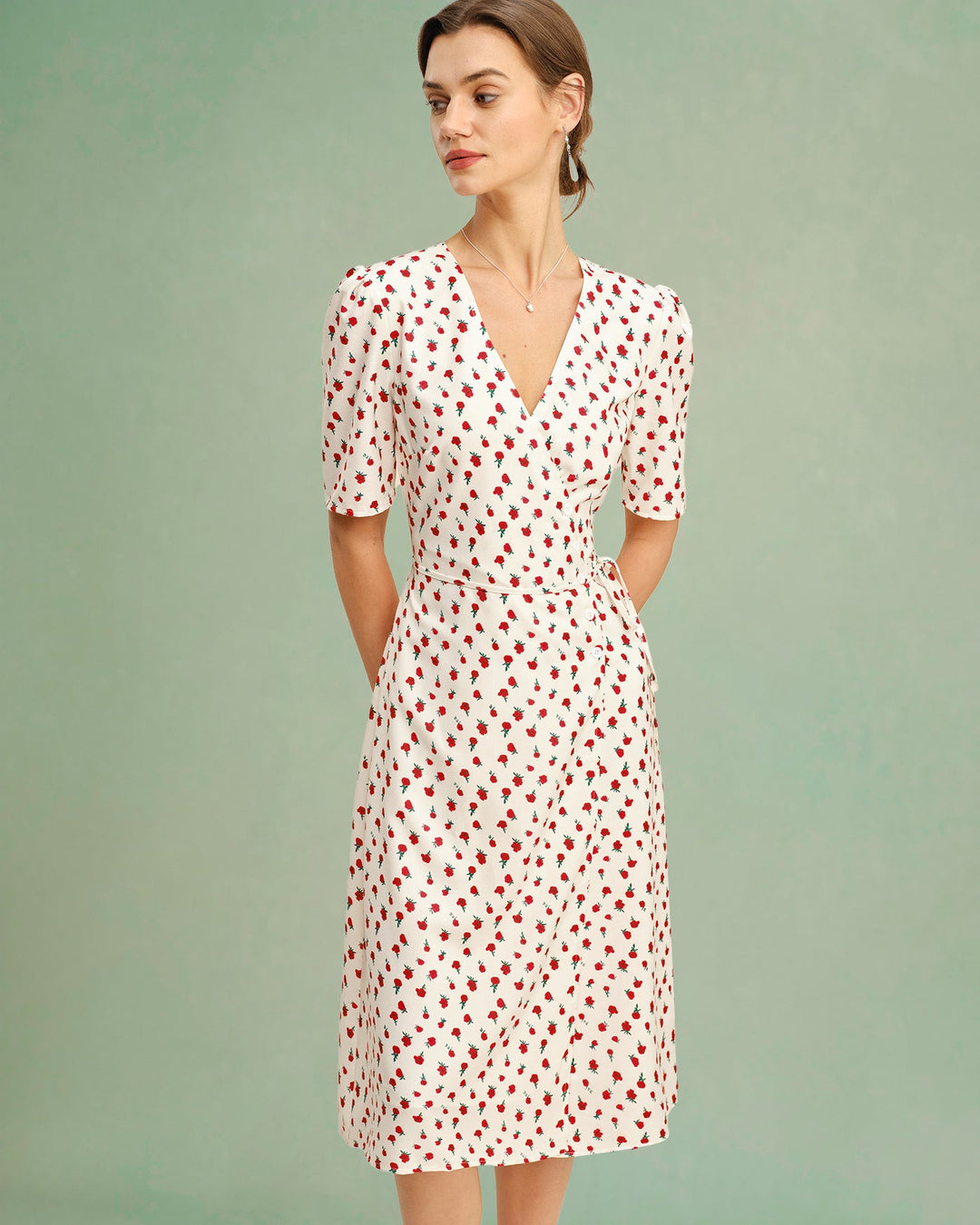 Morgan and Brooke | Floral V Neck Midi Dress for Women in Apricot