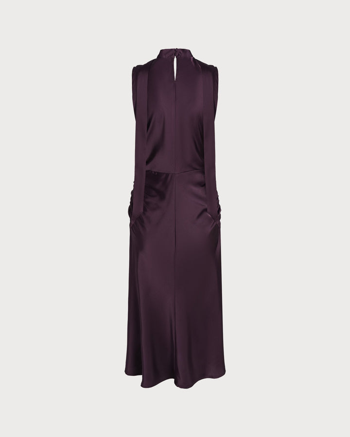 Morgan and Brooke | Satin Midi Dress for Women in Purple with Cowl Neck and Mermaid Fit