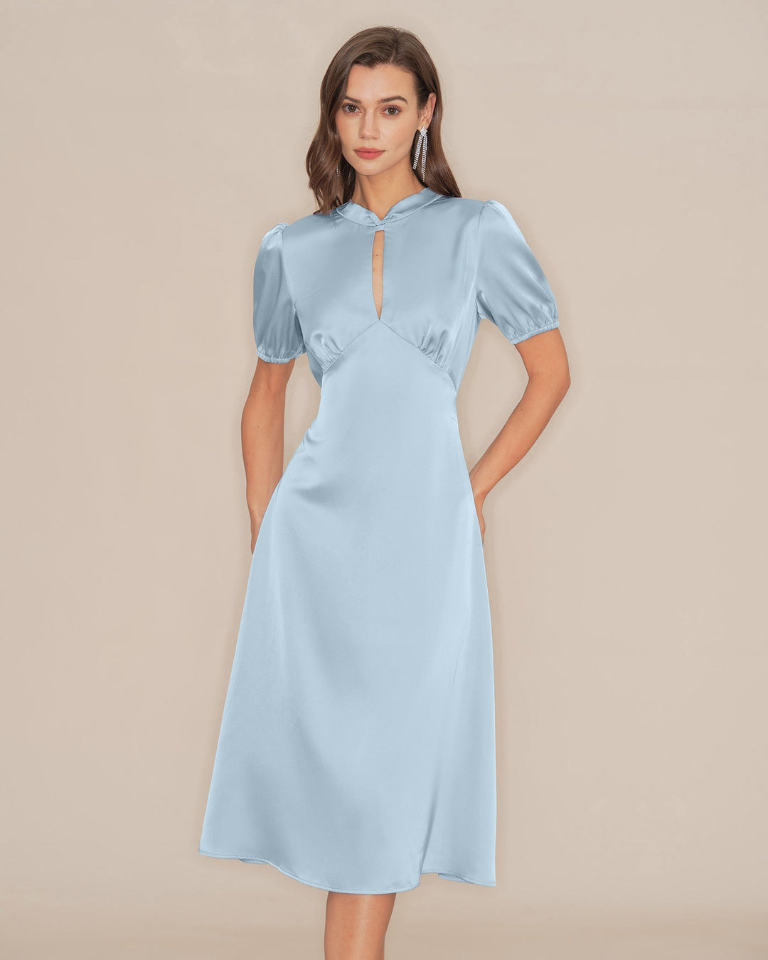 Morgan and Brooke | Satin Backless Midi Dress for Women in Blue with Puffed Sleeves