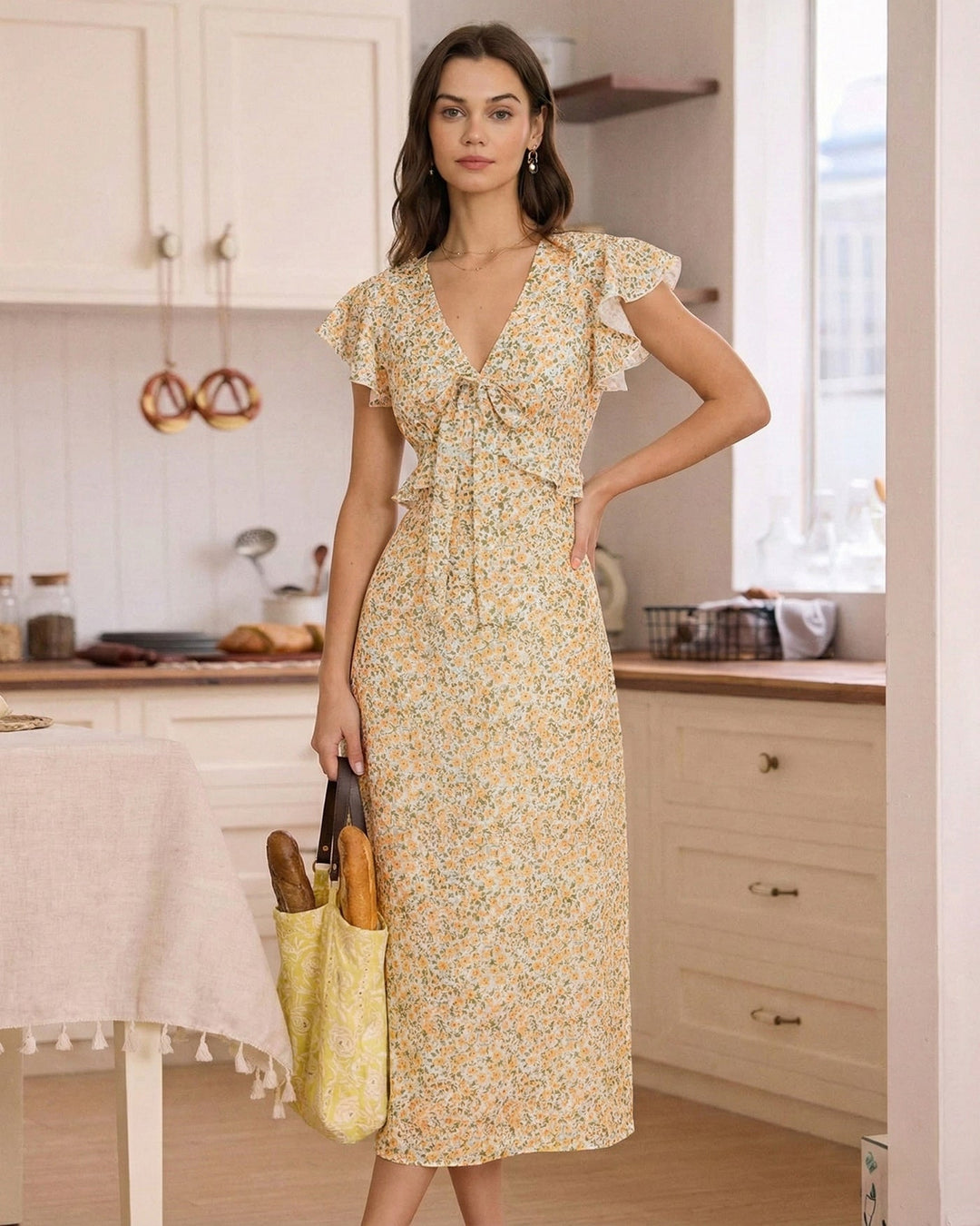 Morgan and Brooke | Yellow Floral Ruffle Midi Dress